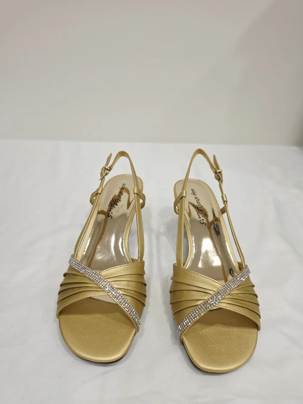 easy street Gold Satin Delite Slingback Heels with Rhinestone Band